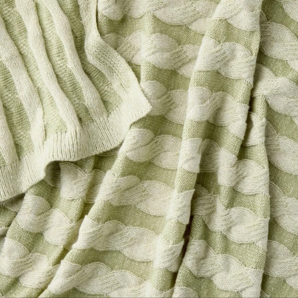 New Threshold Twisted Cable Knit Throw Blanket Green Cream Studio McGee 50x60”